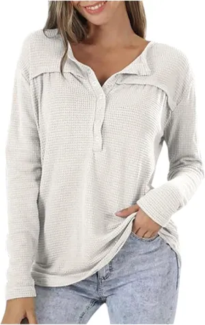 Waffle Knit Half Button Diwn Shirts Women Tunic Blouses Pullover Solid Sweaters Casual Long Sleeve Tees Dressy
