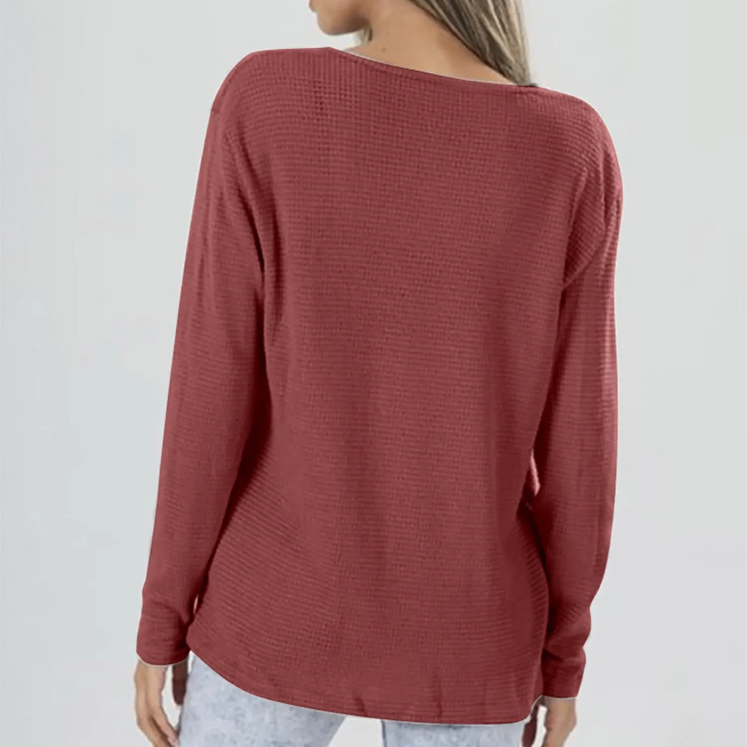 Waffle Knit Half Button Diwn Shirts Women Tunic Blouses Pullover Solid Sweaters Casual Long Sleeve Tees Dressy