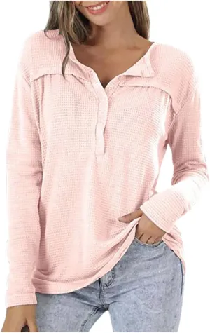 Waffle Knit Half Button Diwn Shirts Women Tunic Blouses Pullover Solid Sweaters Casual Long Sleeve Tees Dressy