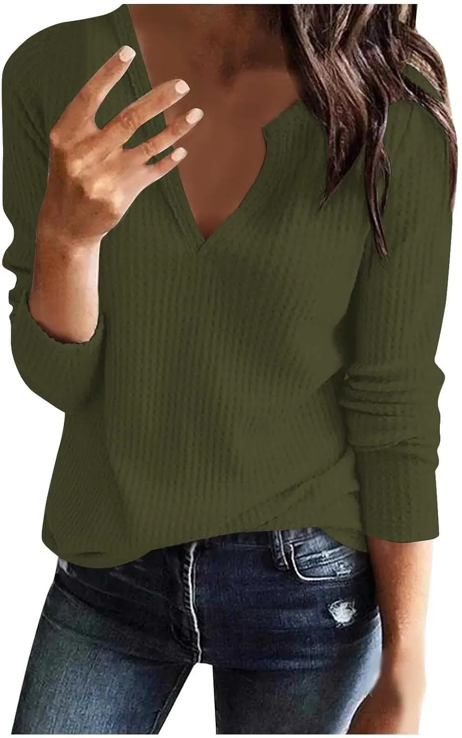 Waffle Tops for Women Dressy V Neck Shirts Solid Long Sleeve Blouse Casual Business Blouses Comfy Spring Clothes