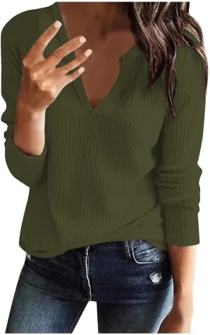 Waffle Tops for Women Dressy V Neck Shirts Solid Long Sleeve Blouse Casual Business Blouses Comfy Spring Clothes