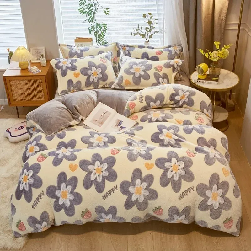 Warm Coral Fleece Duvet Cover with Flower Print