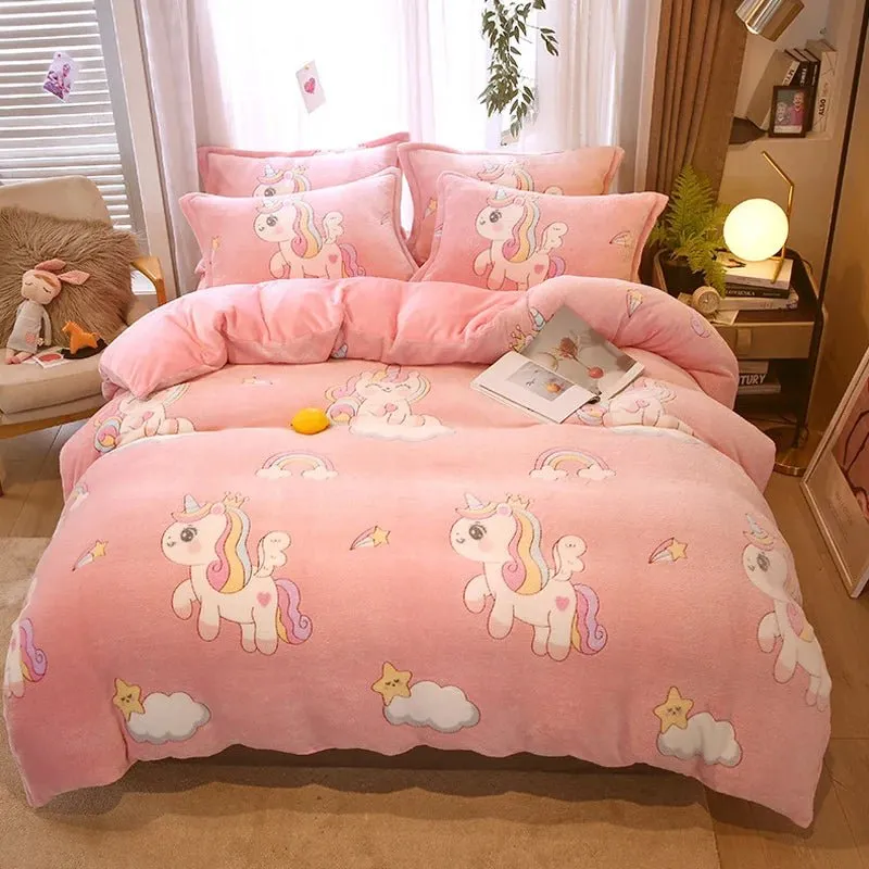 Warm Coral Fleece Duvet Cover with Flower Print