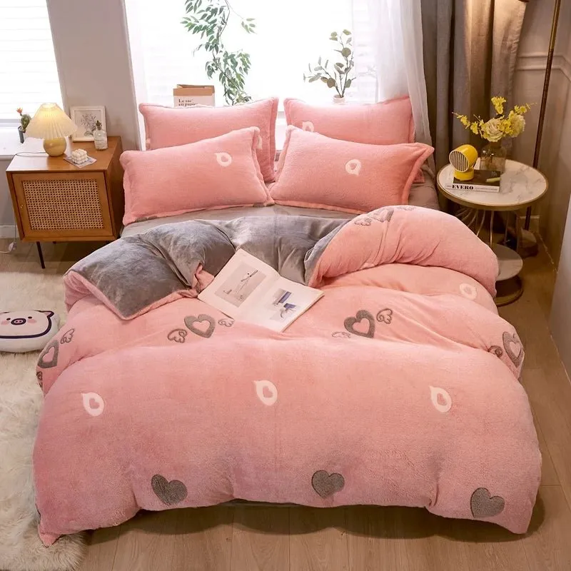 Warm Coral Fleece Duvet Cover with Flower Print