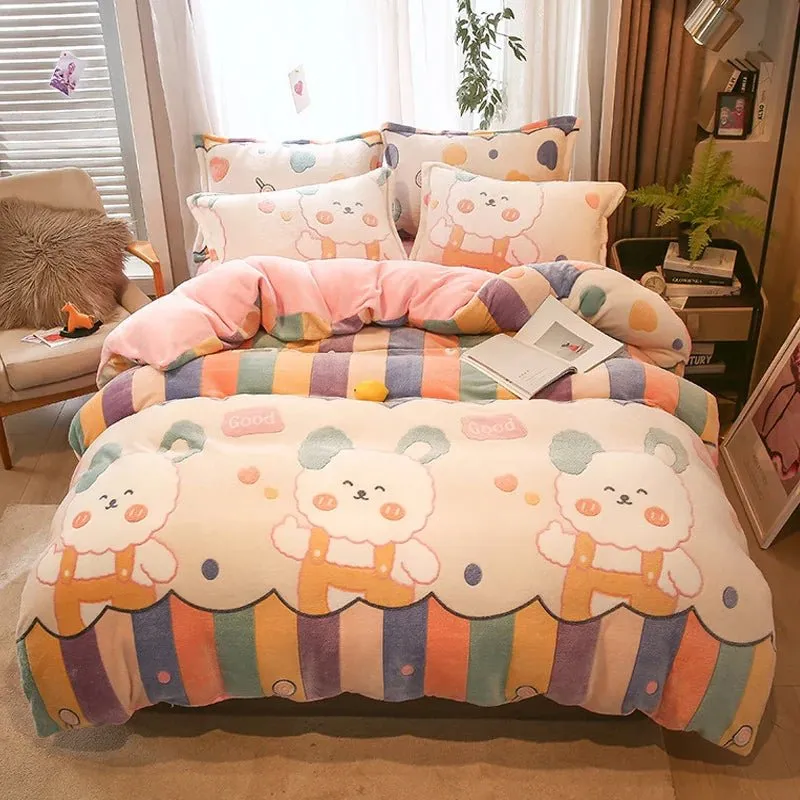 Warm Coral Fleece Duvet Cover with Flower Print