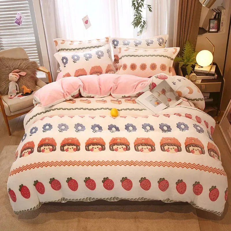 Warm Coral Fleece Duvet Cover with Flower Print