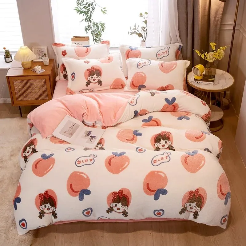 Warm Coral Fleece Duvet Cover with Flower Print