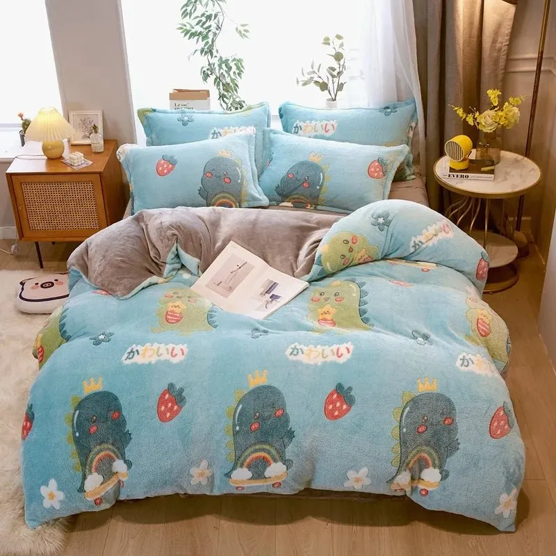 Warm Coral Fleece Duvet Cover with Flower Print