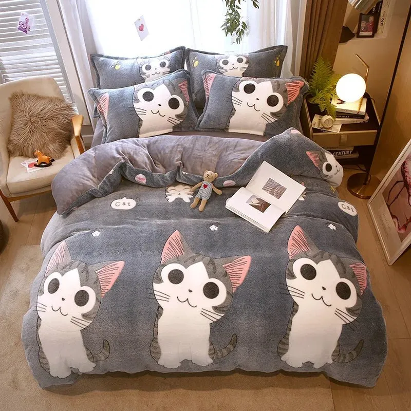 Warm Coral Fleece Duvet Cover with Flower Print