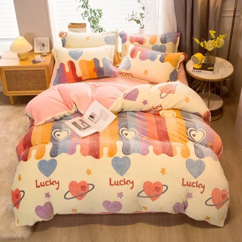 Warm Coral Fleece Duvet Cover with Flower Print