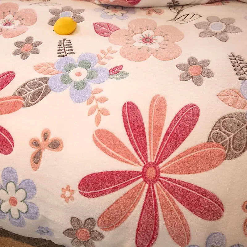 Warm Coral Fleece Duvet Cover with Flower Print