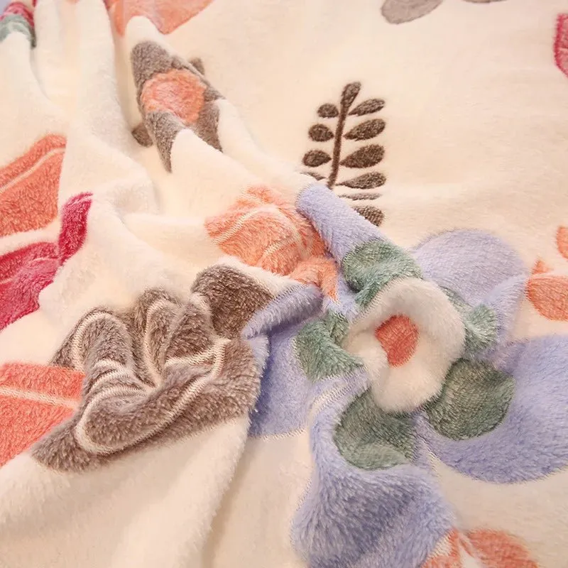 Warm Coral Fleece Duvet Cover with Flower Print