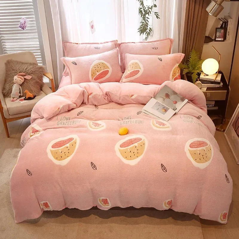 Warm Coral Fleece Duvet Cover with Flower Print