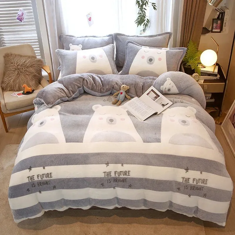 Warm Coral Fleece Duvet Cover with Flower Print