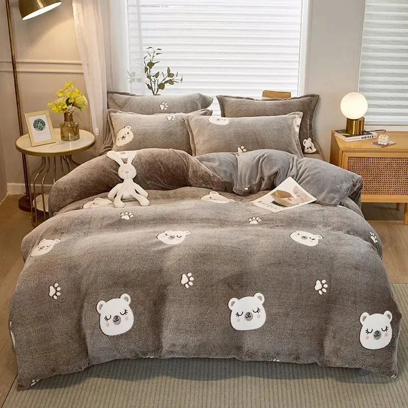 Warm Coral Fleece Duvet Cover with Flower Print