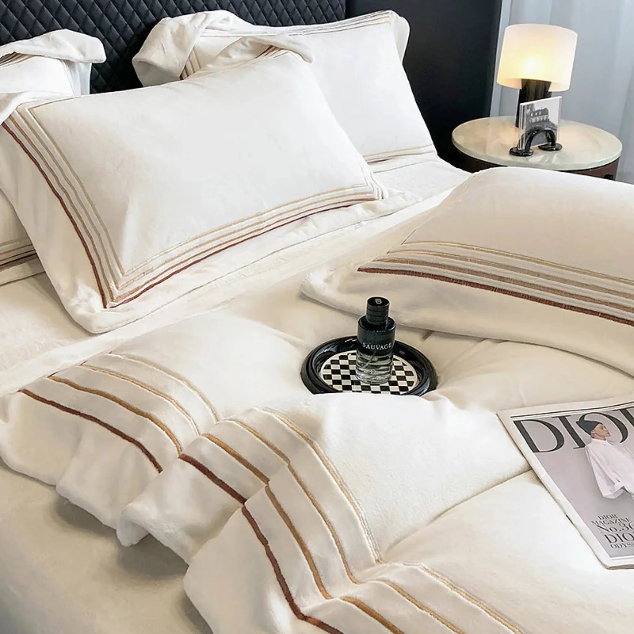 Warm Thickened Milk Velvet Bedding Set Four Lines Embroidery Duvet Cover Set Bed Sheet Or Elastic Band Fitted Sheet Pillowcases