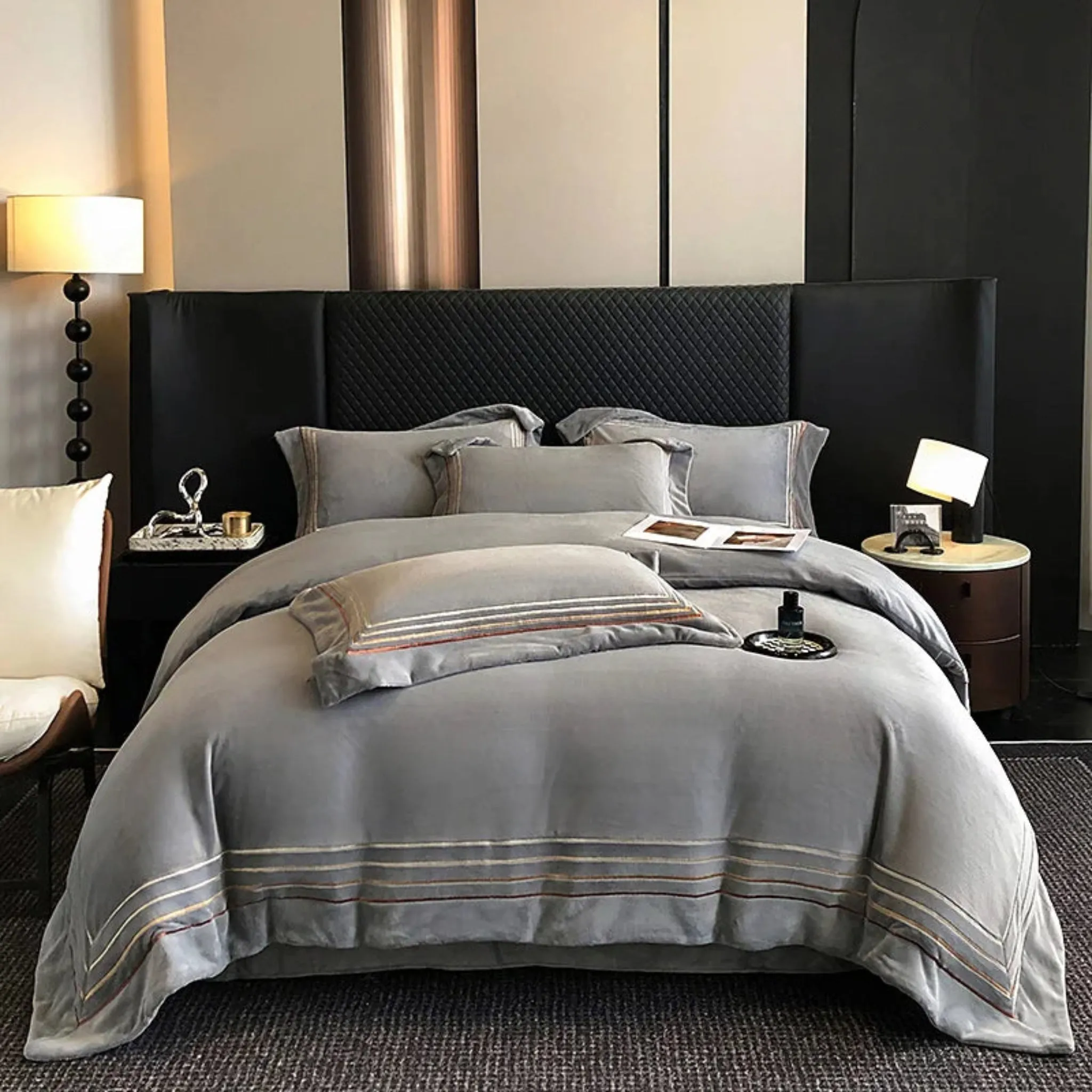 Warm Thickened Milk Velvet Bedding Set Four Lines Embroidery Duvet Cover Set Bed Sheet Or Elastic Band Fitted Sheet Pillowcases