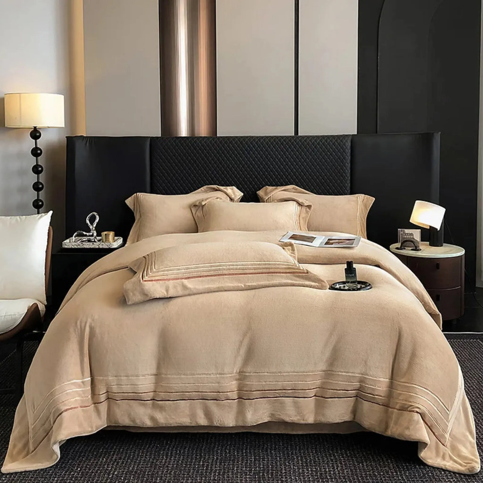 Warm Thickened Milk Velvet Bedding Set Four Lines Embroidery Duvet Cover Set Bed Sheet Or Elastic Band Fitted Sheet Pillowcases