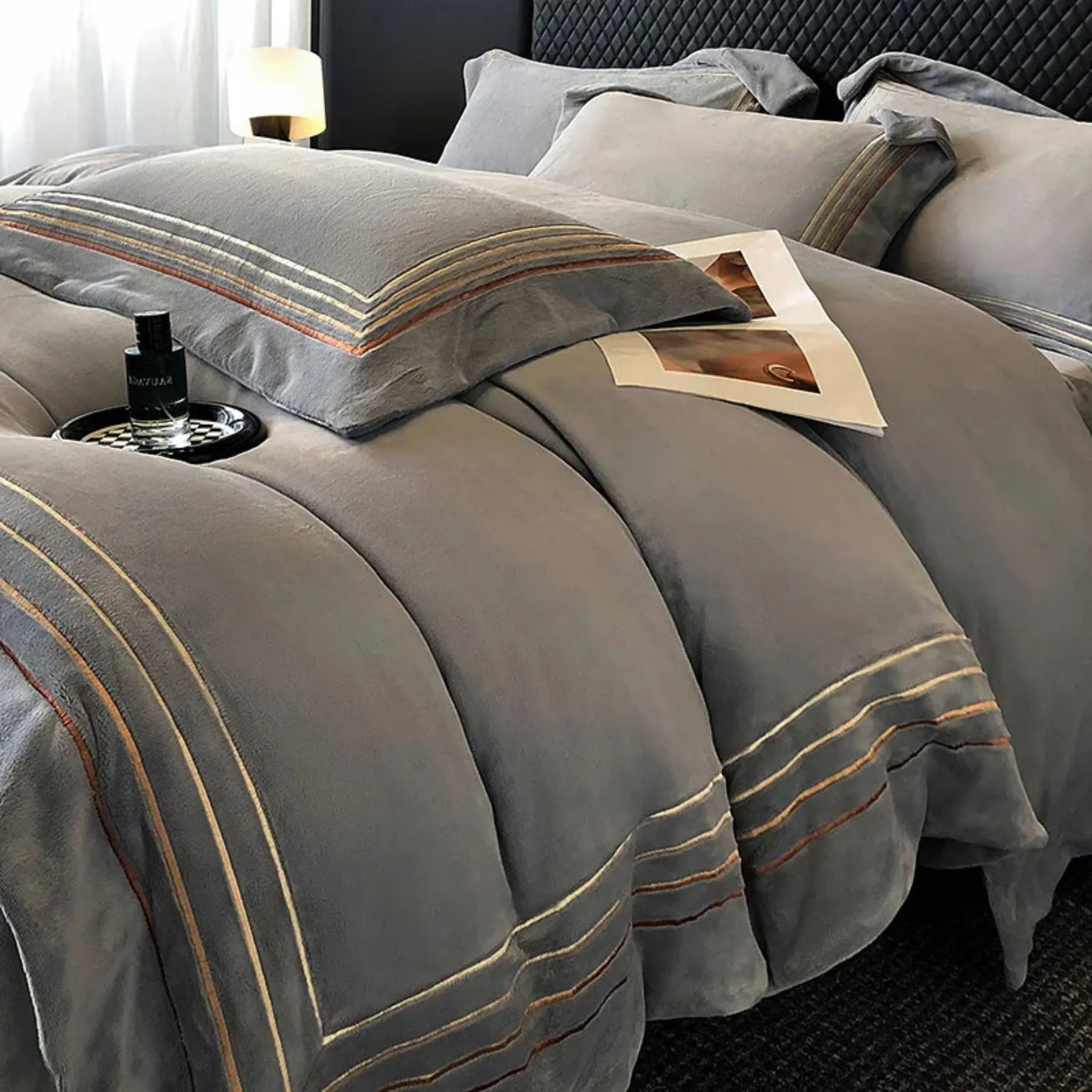 Warm Thickened Milk Velvet Bedding Set Four Lines Embroidery Duvet Cover Set Bed Sheet Or Elastic Band Fitted Sheet Pillowcases