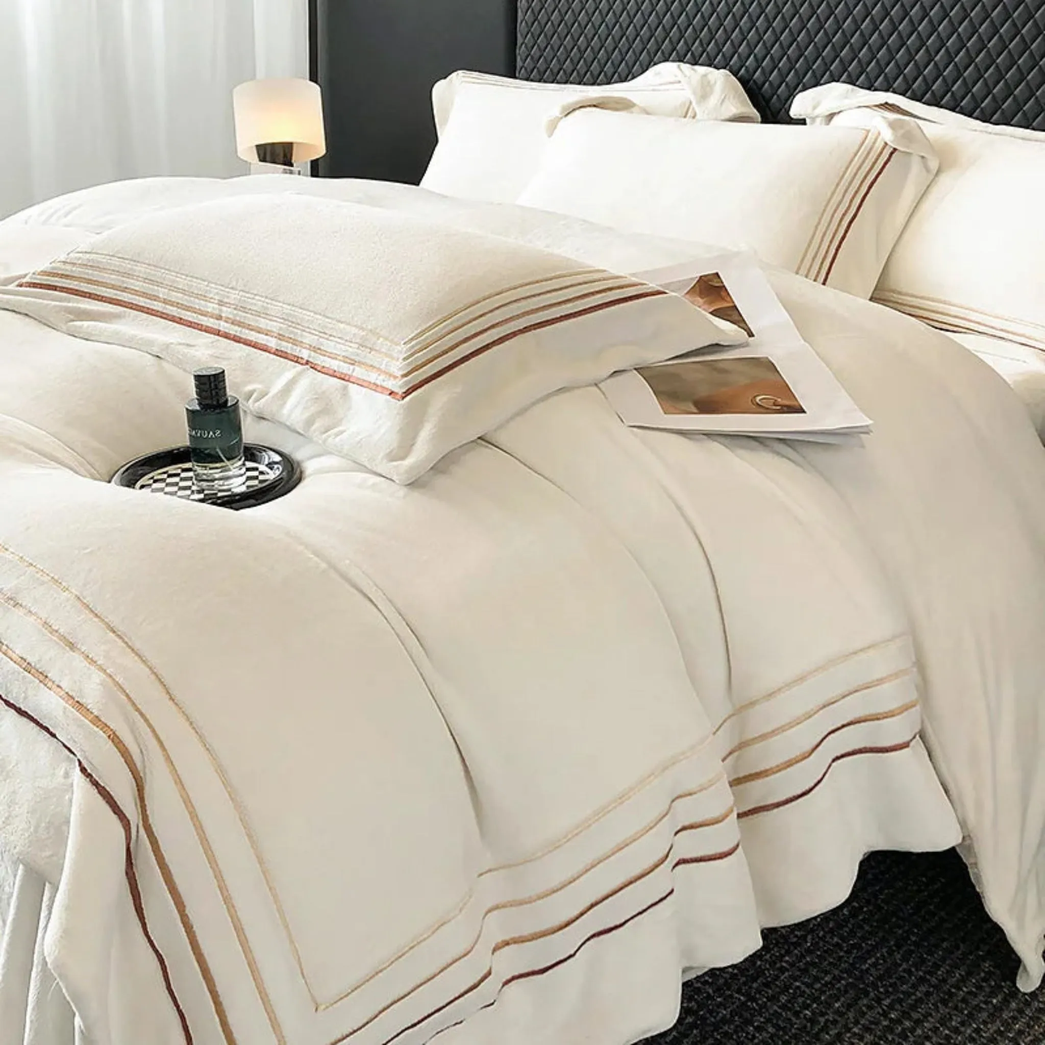 Warm Thickened Milk Velvet Bedding Set Four Lines Embroidery Duvet Cover Set Bed Sheet Or Elastic Band Fitted Sheet Pillowcases