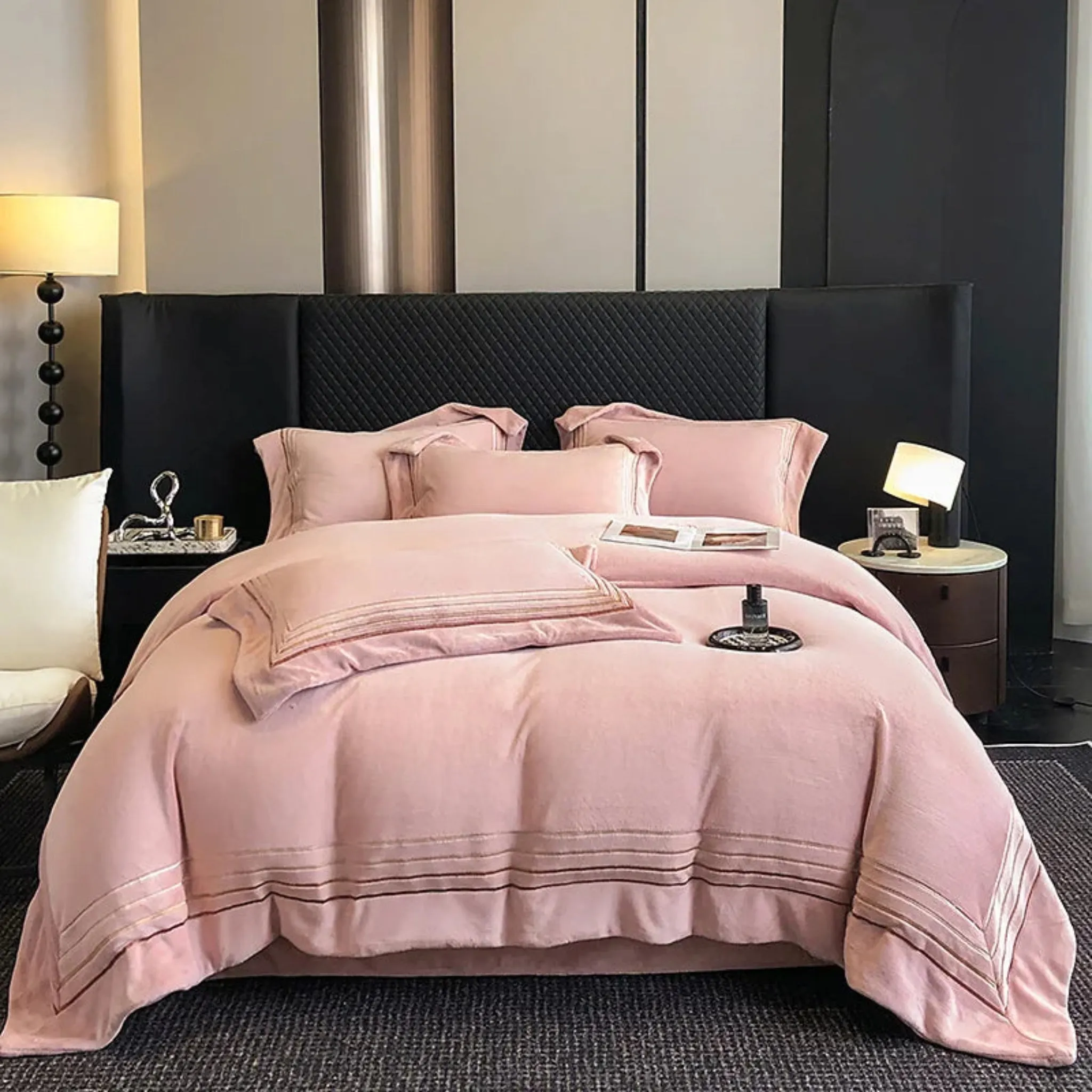 Warm Thickened Milk Velvet Bedding Set Four Lines Embroidery Duvet Cover Set Bed Sheet Or Elastic Band Fitted Sheet Pillowcases