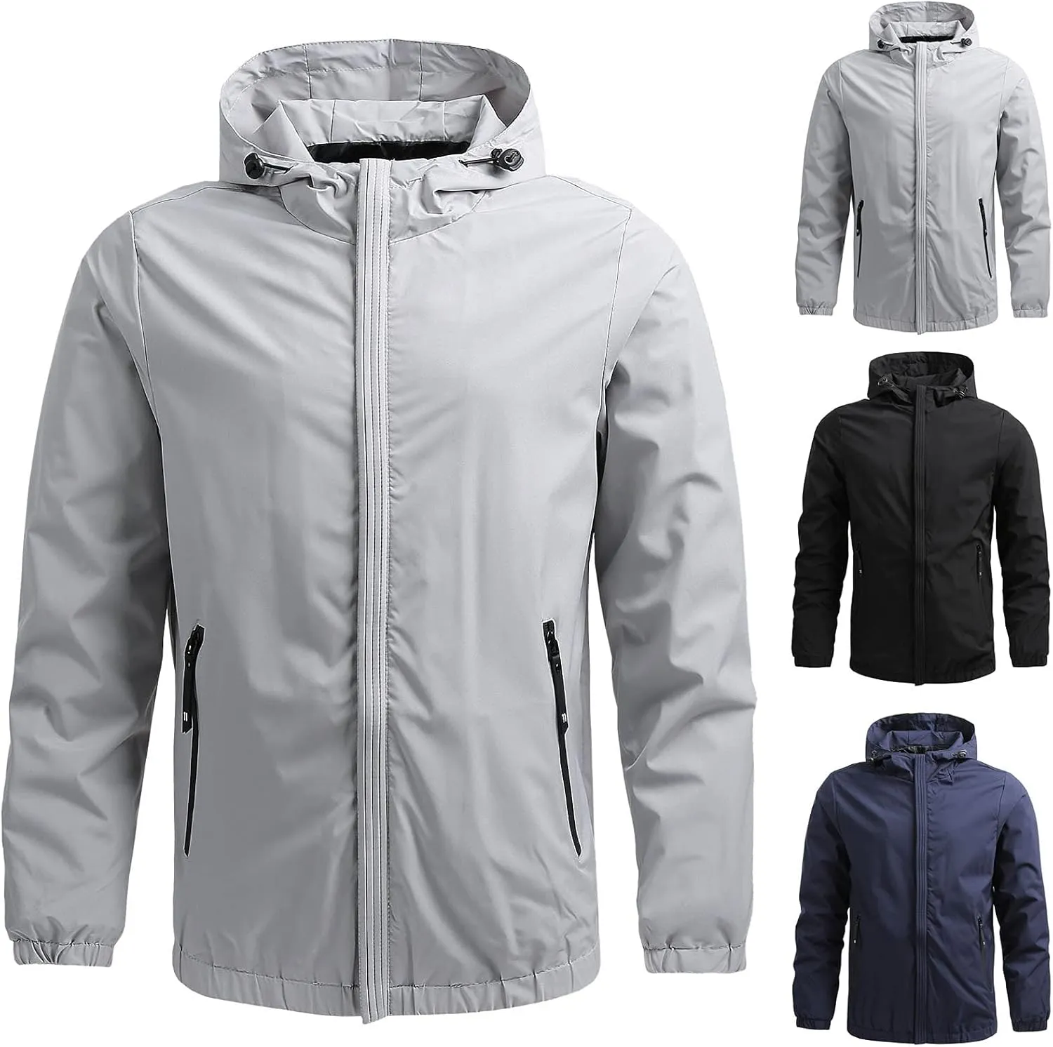 Waterproof Jackets for Men Lightweight Full Zip Long Sleeve Windbreaker Jackets with Hood Detachable Hiking Coats