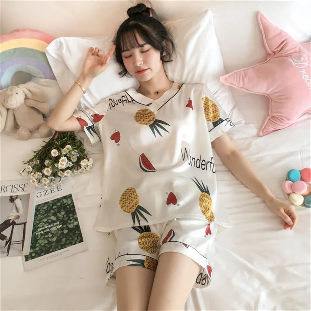 Wenkouban Women's Summer Short-Sleeved Ice Silk Pajamas Loose And Comfortable Homewear Pajama Set Women Sleepwear