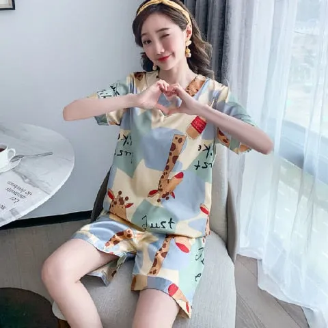 Wenkouban Women's Summer Short-Sleeved Ice Silk Pajamas Loose And Comfortable Homewear Pajama Set Women Sleepwear
