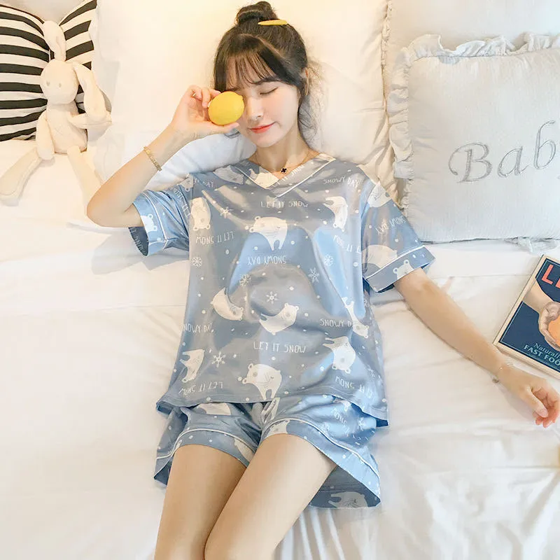 Wenkouban Women's Summer Short-Sleeved Ice Silk Pajamas Loose And Comfortable Homewear Pajama Set Women Sleepwear