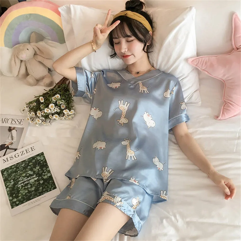 Wenkouban Women's Summer Short-Sleeved Ice Silk Pajamas Loose And Comfortable Homewear Pajama Set Women Sleepwear