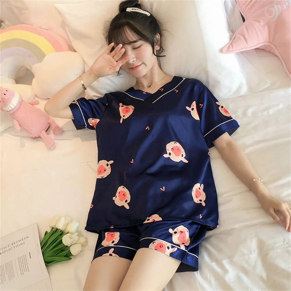 Wenkouban Women's Summer Short-Sleeved Ice Silk Pajamas Loose And Comfortable Homewear Pajama Set Women Sleepwear