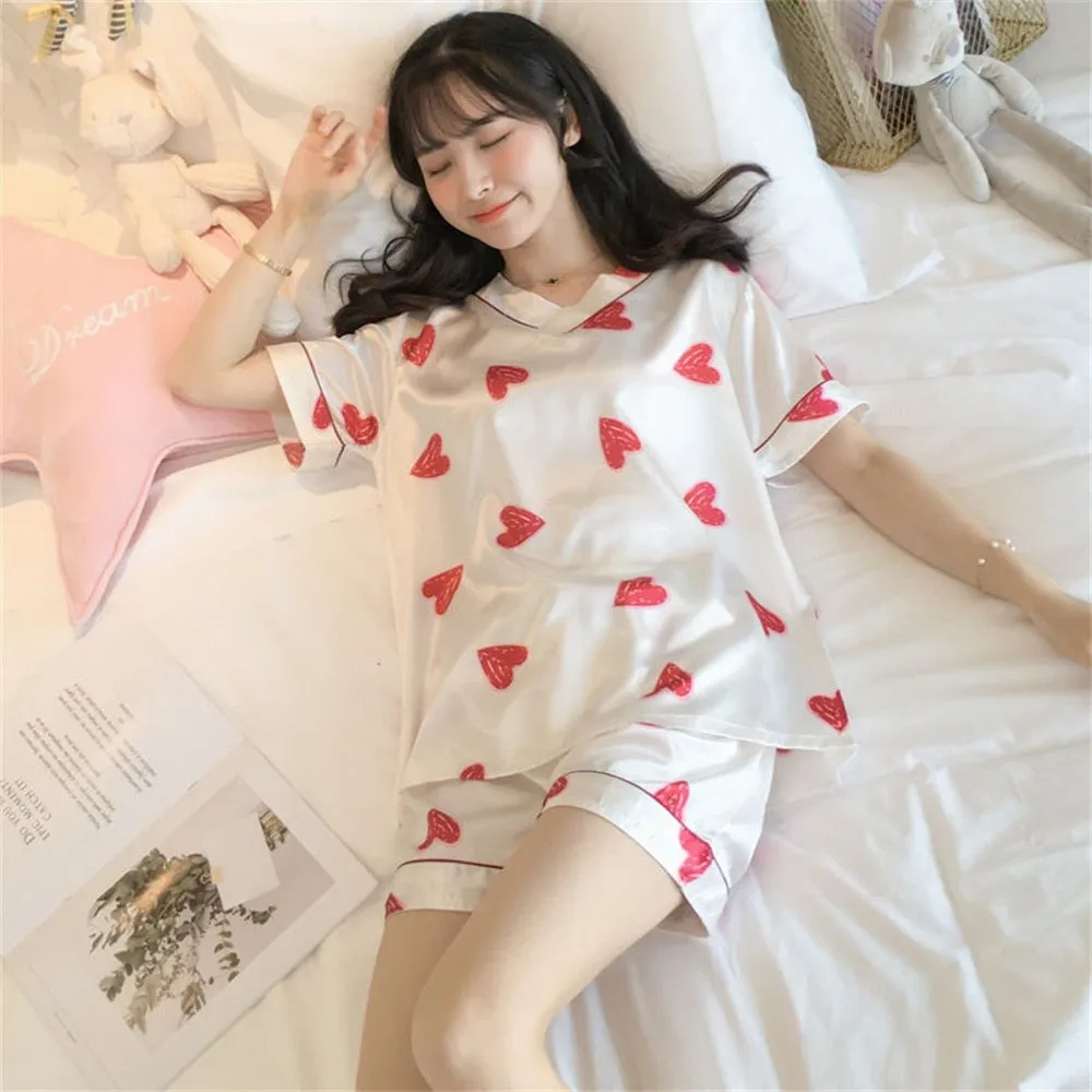 Wenkouban Women's Summer Short-Sleeved Ice Silk Pajamas Loose And Comfortable Homewear Pajama Set Women Sleepwear