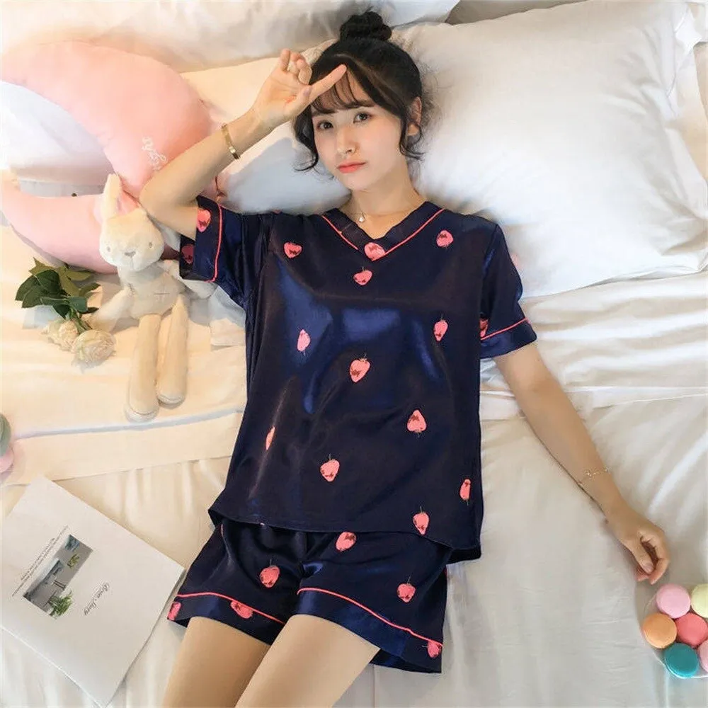 Wenkouban Women's Summer Short-Sleeved Ice Silk Pajamas Loose And Comfortable Homewear Pajama Set Women Sleepwear