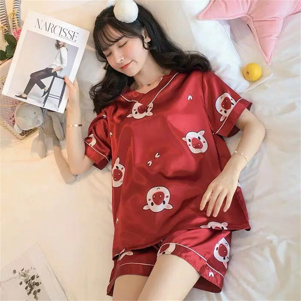 Wenkouban Women's Summer Short-Sleeved Ice Silk Pajamas Loose And Comfortable Homewear Pajama Set Women Sleepwear
