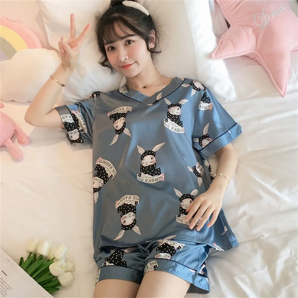 Wenkouban Women's Summer Short-Sleeved Ice Silk Pajamas Loose And Comfortable Homewear Pajama Set Women Sleepwear