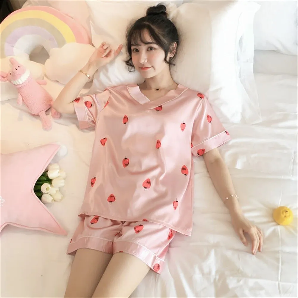 Wenkouban Women's Summer Short-Sleeved Ice Silk Pajamas Loose And Comfortable Homewear Pajama Set Women Sleepwear