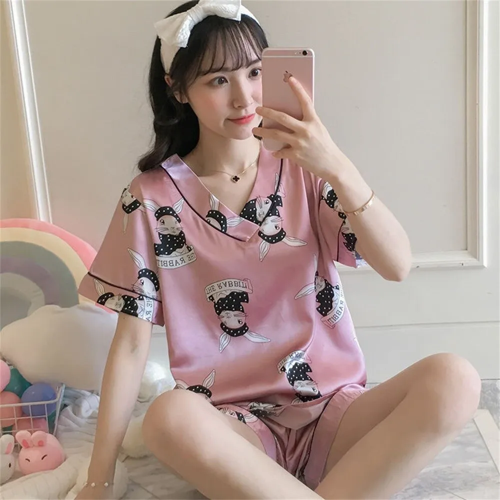 Wenkouban Women's Summer Short-Sleeved Ice Silk Pajamas Loose And Comfortable Homewear Pajama Set Women Sleepwear