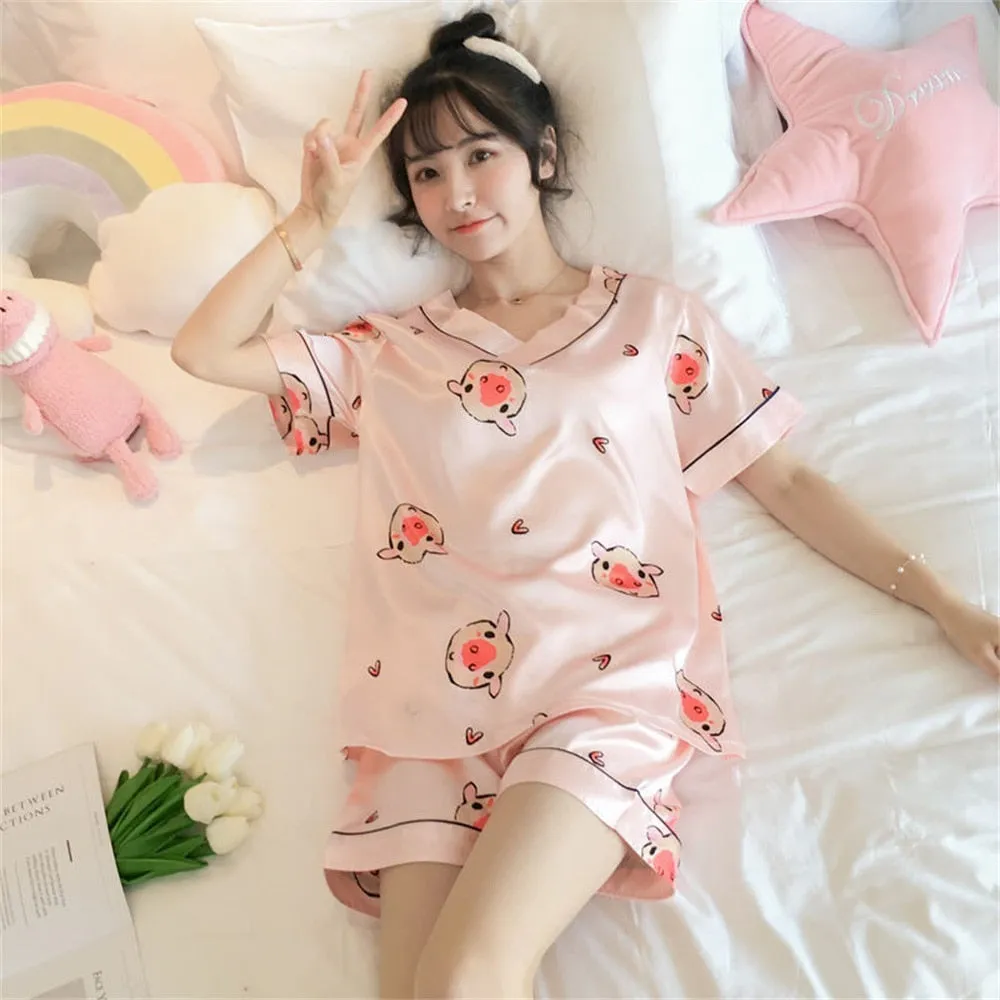 Wenkouban Women's Summer Short-Sleeved Ice Silk Pajamas Loose And Comfortable Homewear Pajama Set Women Sleepwear