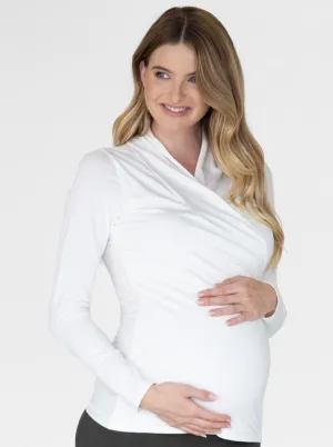 White Maternity Crossover Bamboo Long Sleeve Top