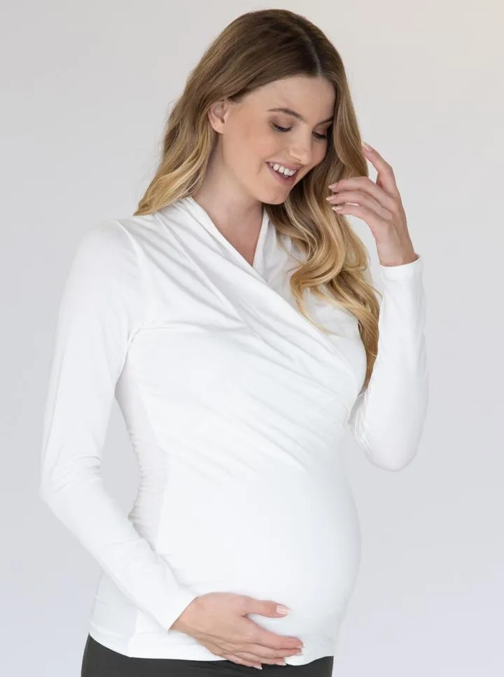 White Maternity Crossover Bamboo Long Sleeve Top