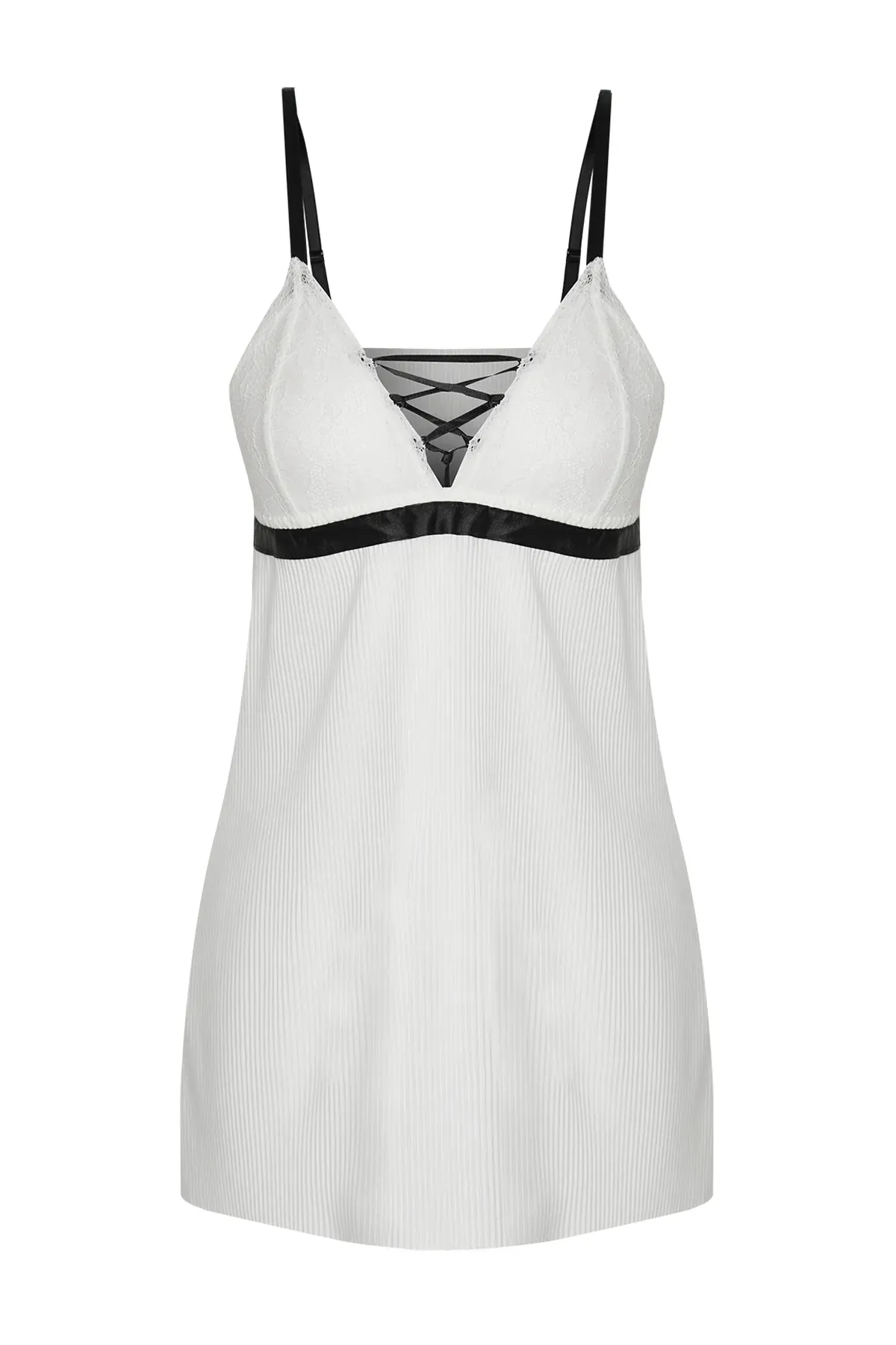 White Satin Pleated Lace Detailed Rope Strap Babydoll