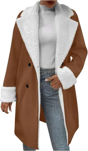 Winter Coat for Women Warm Sherpa Fleece Lined Lapel Jacket Plus Size Parka Faux Suede Pea Coat Outerwear 2024