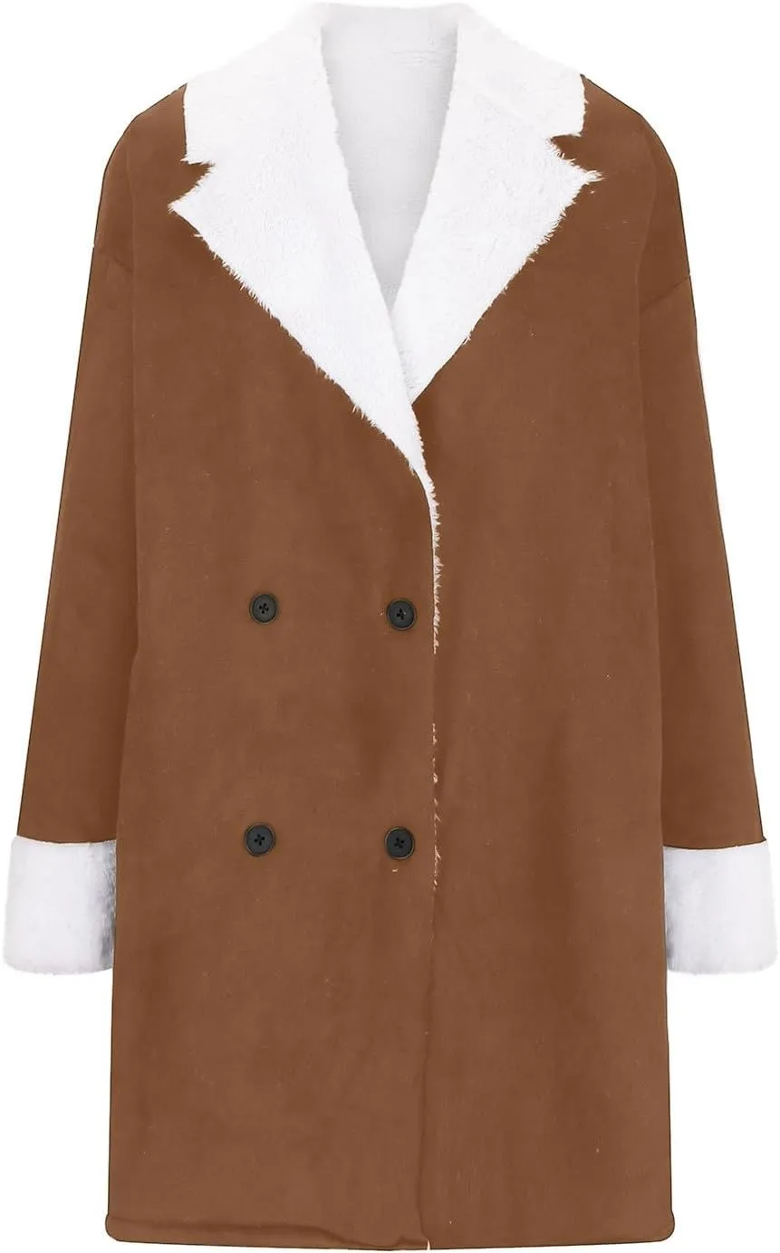 Winter Coat for Women Warm Sherpa Fleece Lined Lapel Jacket Plus Size Parka Faux Suede Pea Coat Outerwear 2024