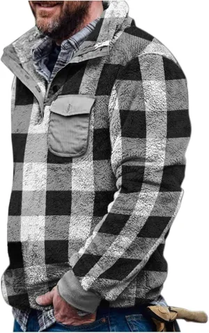 Winter Coats for Men,Mens Plaid Vintage Fuzzy Sherpa Pullover Sweatshirt Fleece Jacket Winter Long Sleeve Sweater with Pocket