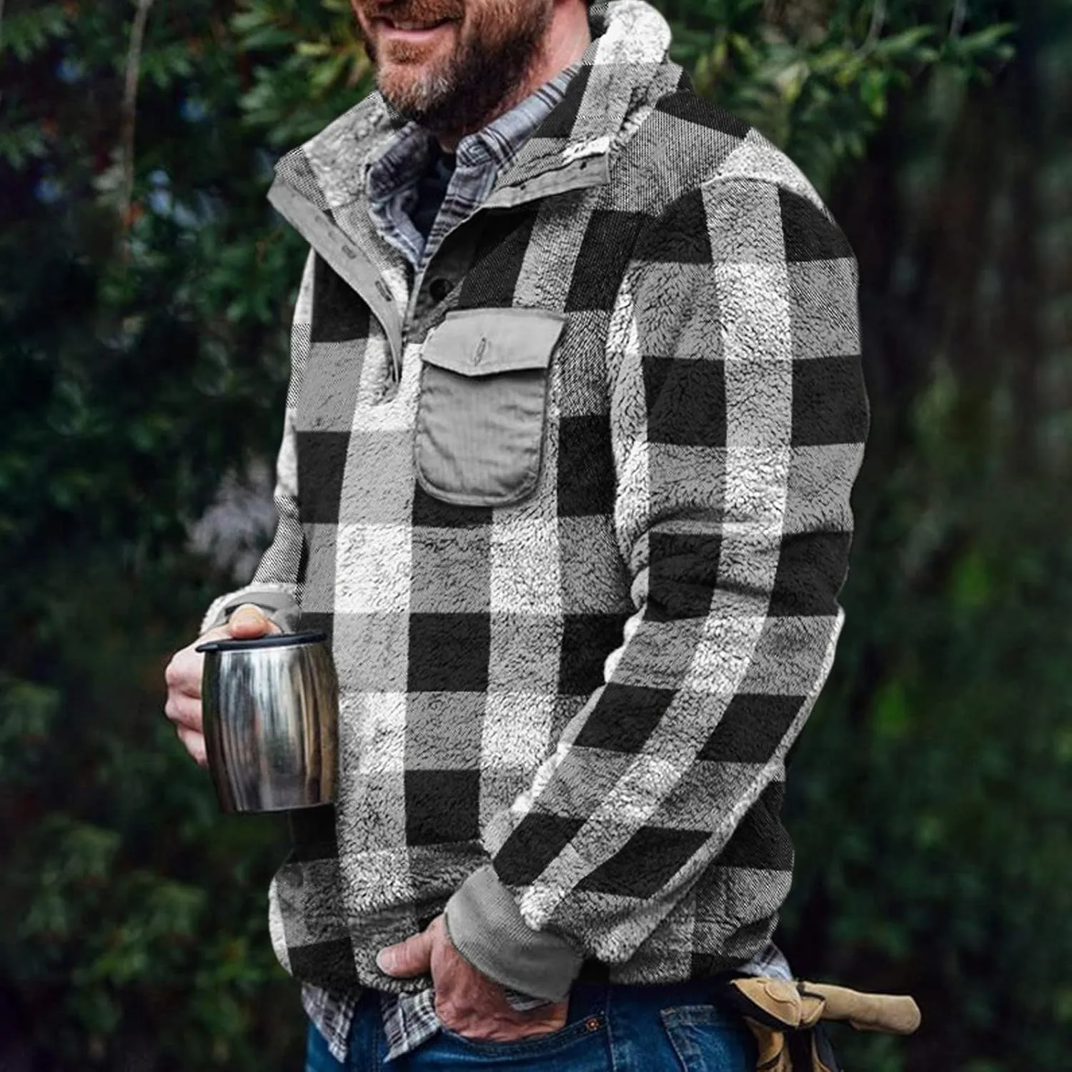 Winter Coats for Men,Mens Plaid Vintage Fuzzy Sherpa Pullover Sweatshirt Fleece Jacket Winter Long Sleeve Sweater with Pocket