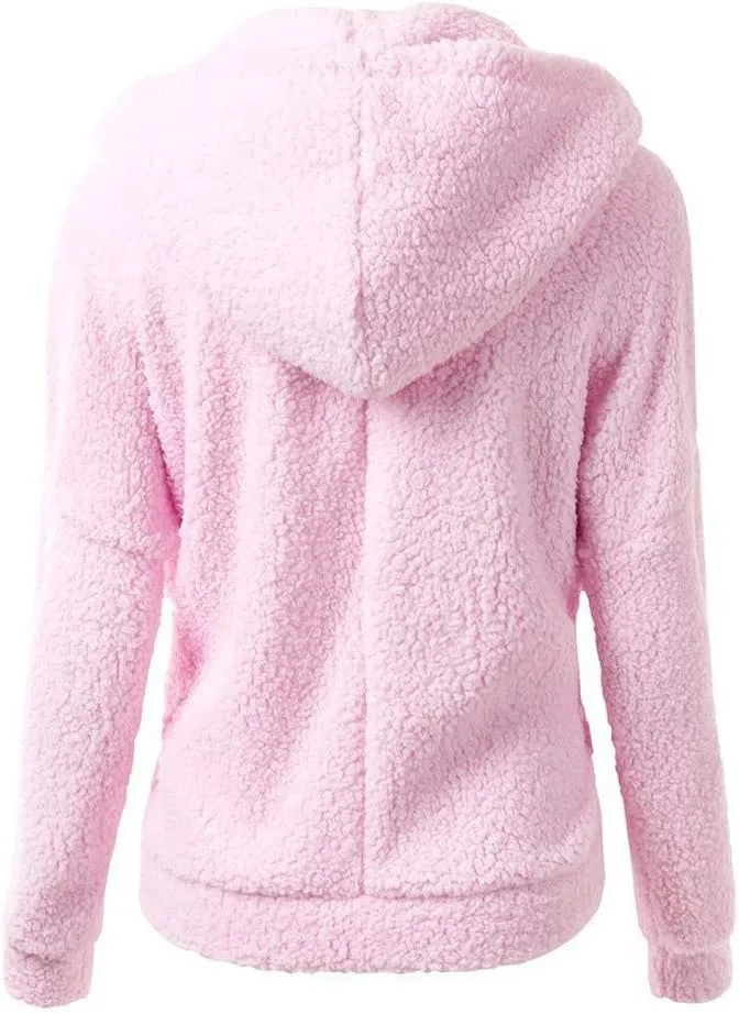 Winter Coats for Women Fleece Zip Up Hoodie Fuzzy Faux Fur Jacket Warm Outwear Casual Long Sleeve Coat with Pockets