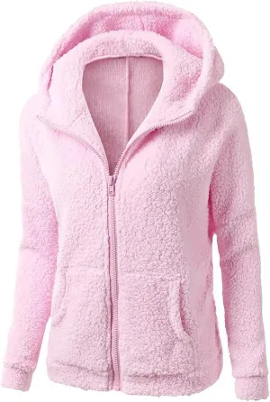 Winter Coats for Women Fleece Zip Up Hoodie Fuzzy Faux Fur Jacket Warm Outwear Casual Long Sleeve Coat with Pockets
