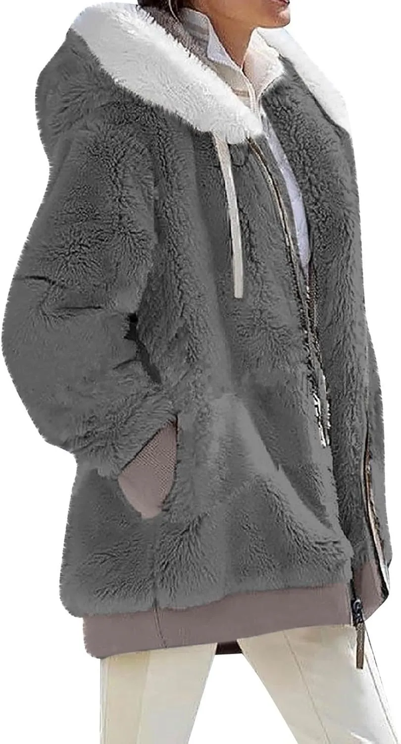 Winter Coats for Women Oversized Fuzzy Fleece Jacket Full Zip Plush Hooded Cardigan Coats Shaggy Warm Sherpa Jacket