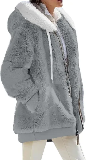 Winter Coats for Women Oversized Fuzzy Fleece Jacket Full Zip Plush Hooded Cardigan Coats Shaggy Warm Sherpa Jacket