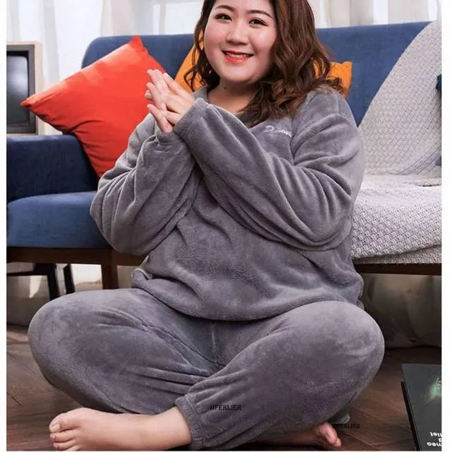 Winter Coral Fleece Pajama Set – Thick Long Sleeve Top & Elastic Waist Trousers, Warm Large Size Sleepwear